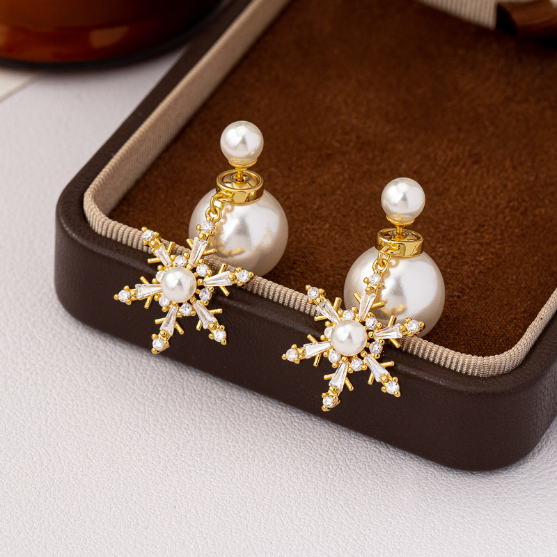Wholesale Christmas Snowflake Pearl Sier Needle Earrings