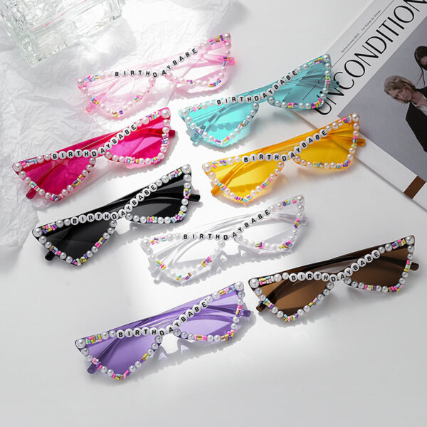 Wholesale Full Diamond Bow Colored Small Frame Birthday Letter Sunglasses