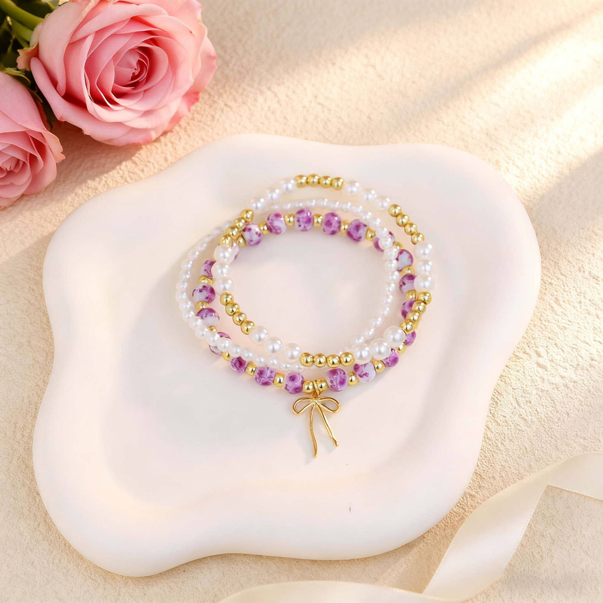 Wholesale Bohemian Blue and White rcelain Bow Bracelet Set
