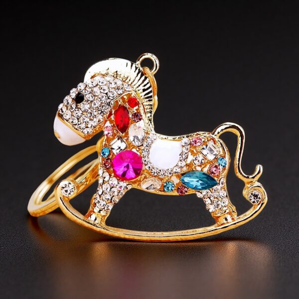 Wholesale Zodiac Diamond-Encrusted Small Wooden Horse Car Keychain for Women, Creative Bag Pendant, Metal Horse Key Ring, Business Gift