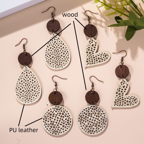 Wholesale 2pcs Retro Water Drop Heart Leather Wood Piece Love Round Earrings