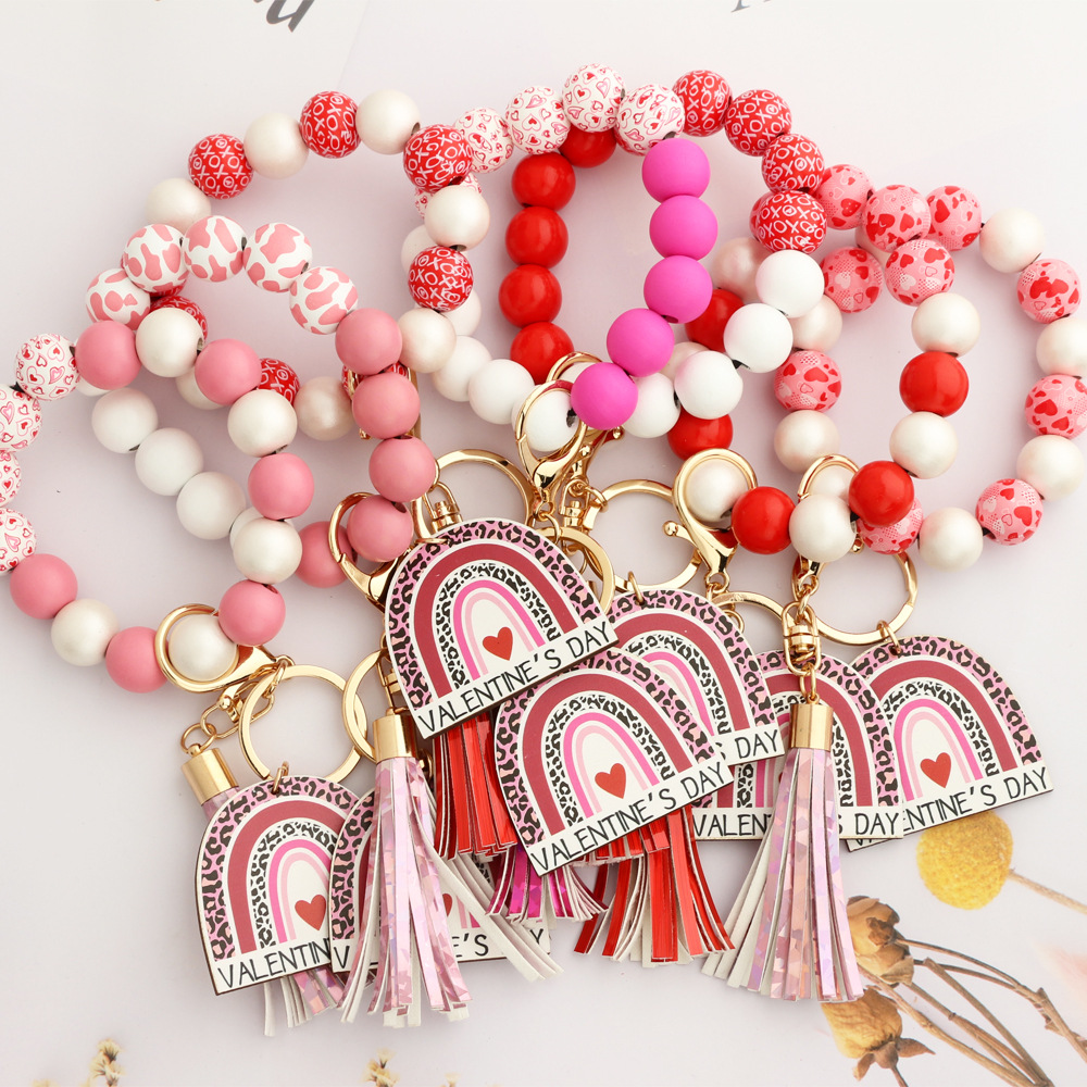 Wholesale Valentine's Day Love Wooden Bead Bracelet Keychain