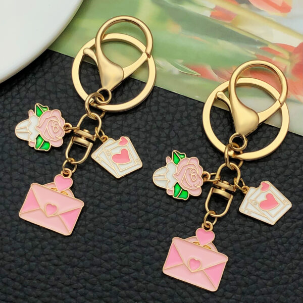 Wholesale Valentine's Day Oil Dripping Pink Love Heart Rose Keychain