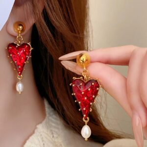Wholesale Half transparent red tassel heart-shaped earrings