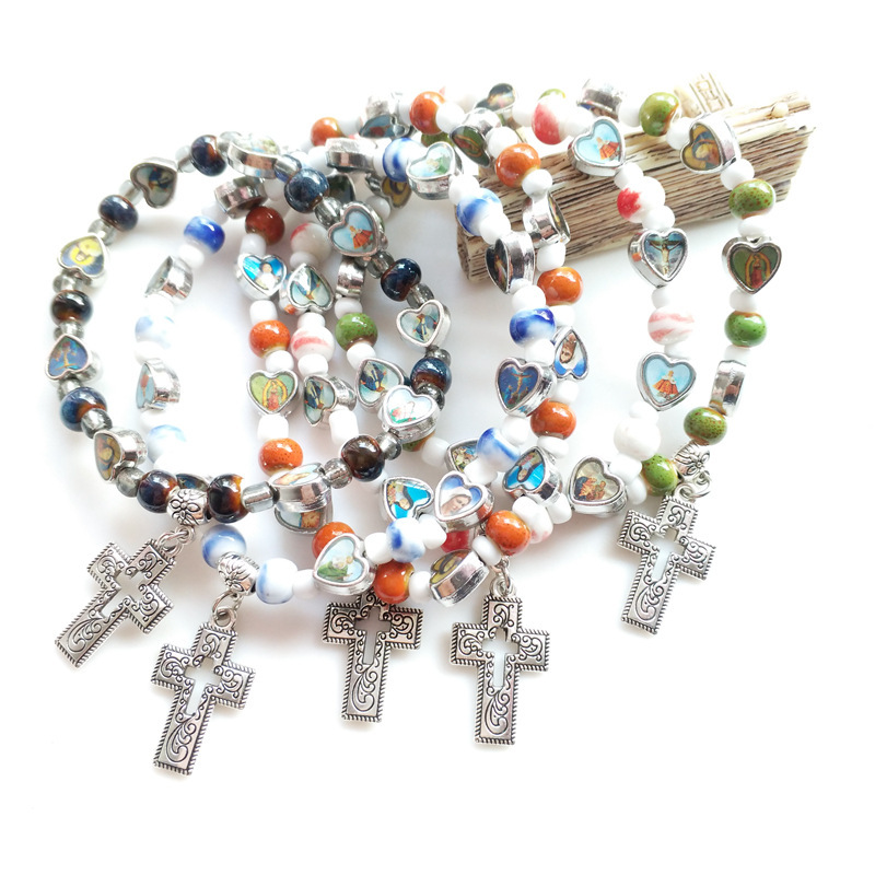 Wholesale Colorful ceramic hollowed-out cross elastic bracelet