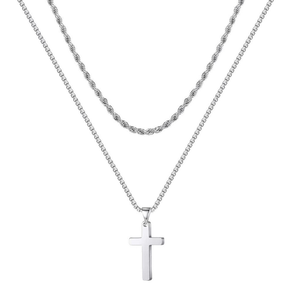 Wholesale Snake bone chain double layered cross pendant titanium steel necklace