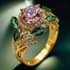 Wholesale Bright Pink Zircon Green Leaf Oil Drop Flower Plant Ring