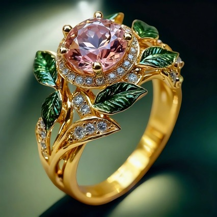 Wholesale Bright Pink Zircon Green Leaf Oil Drop Flower Plant Ring