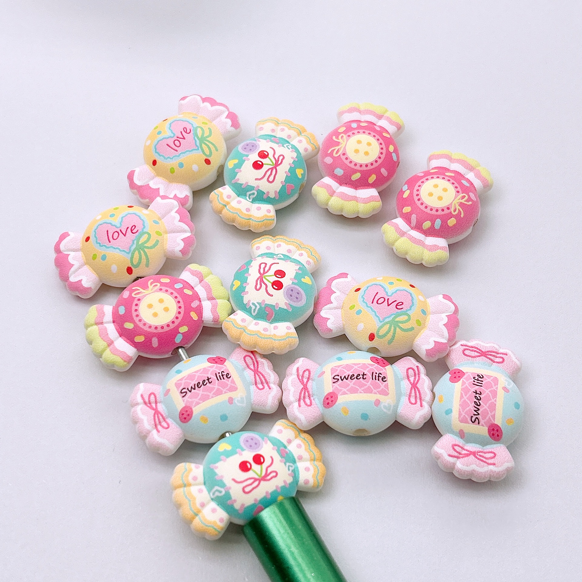 Wholesale 30*18MM Printed Cute Vertical Hole Candy Beads DIY Bag Charm Keychain Beaded Pen Jewelry Aessories Material