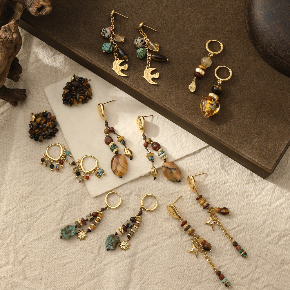 Wholesale Amber flowing light ethnic style natural stone long earrings
