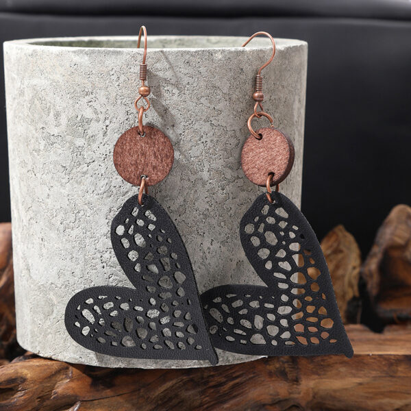 Wholesale Valentine's Day Love Wood Pieces Hollow Mesh Leather Earrings