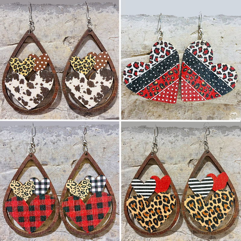 Wholesale Wooden hollow heart-shaped Valentine's Day pattern splicing earrings