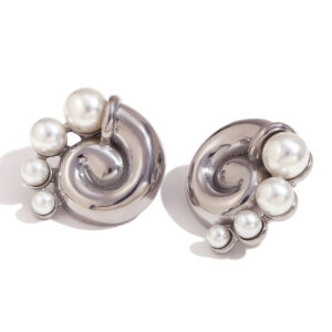 Cast thread swirl pearl stud earrings-steel color