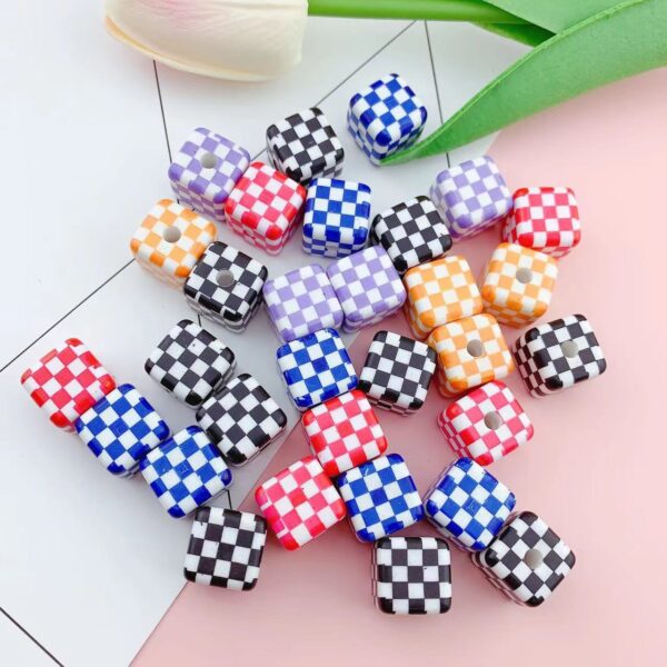 Wholesale 10pcs colorful checkerboard printed square acrylic beads