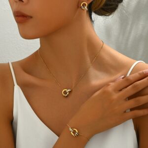 Wholesale Stainless steel gold double-ring linked artificial zircon necklace, bracelet, and earrings