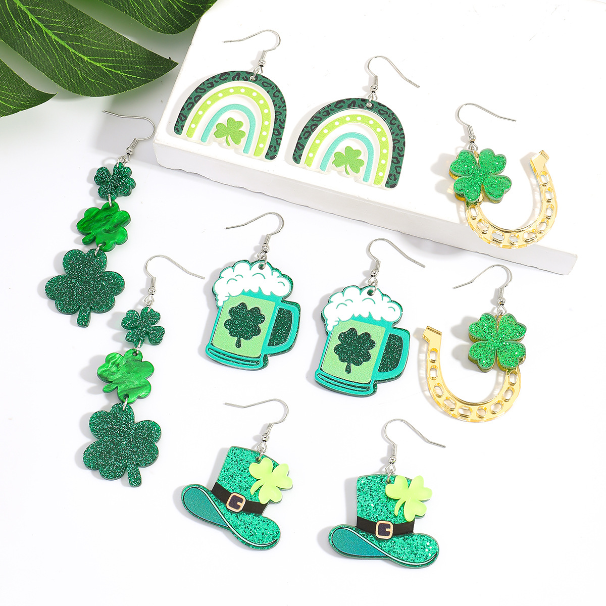 Wholesale St. Patrick's Day Shamrock Hat Letter Rainbow Acrylic Earrings