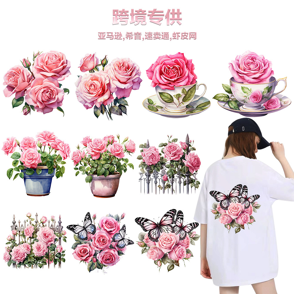 Wholesale Customized Heat Transfer Stickers for Cross-Border Use, Featuring Floral Patterns, New White Ink Heat Transfer, Oset Heat Transfer, and Heat