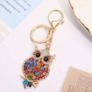 Wholesale Colorful cartoon diamond studded owl metal keychain
