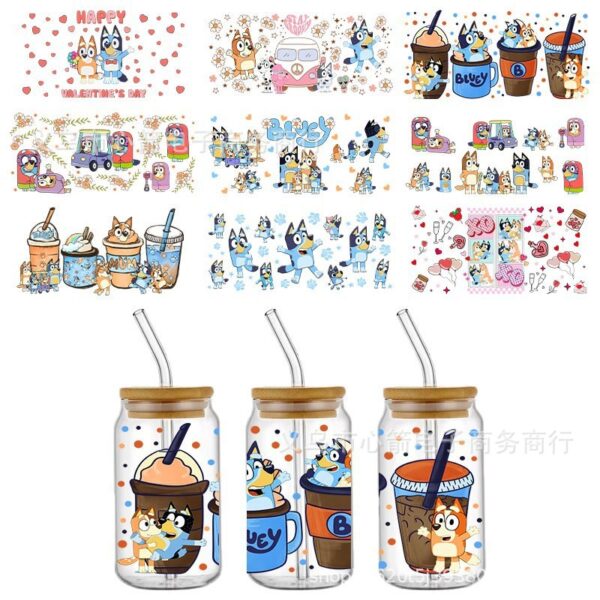 Wholesale Brui UV DTF Crystal Transparent Sticker Cute Cartoon Pattern 16 oz Glass Cup Waterproof Scratch Resistant Cross Border