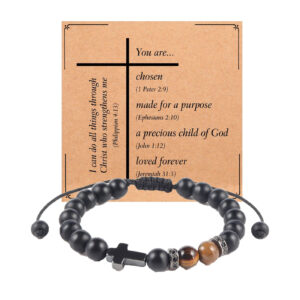 Black matte yellow tiger eye diamond circle braided rope cross bracelet