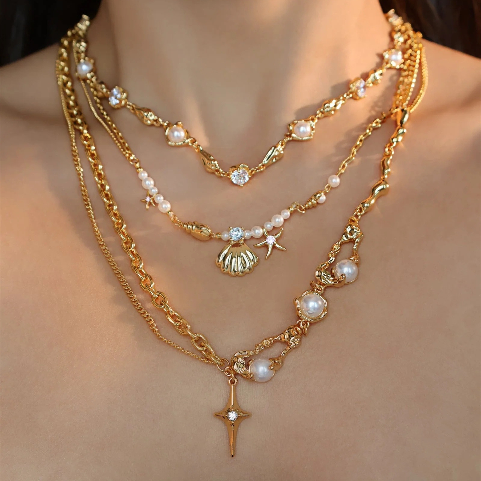 Wholesale Pearl Rice Pearl Star Mang Zircon Sea Star Shell Necklace