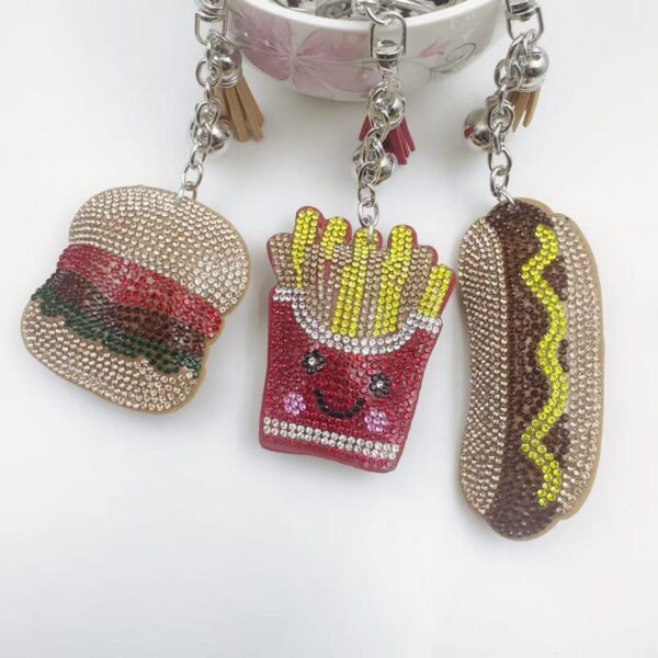 Wholesale Velvet Diamond Cartoon Keychain Diamond Hamburger Hot Dog Keychain Leather T