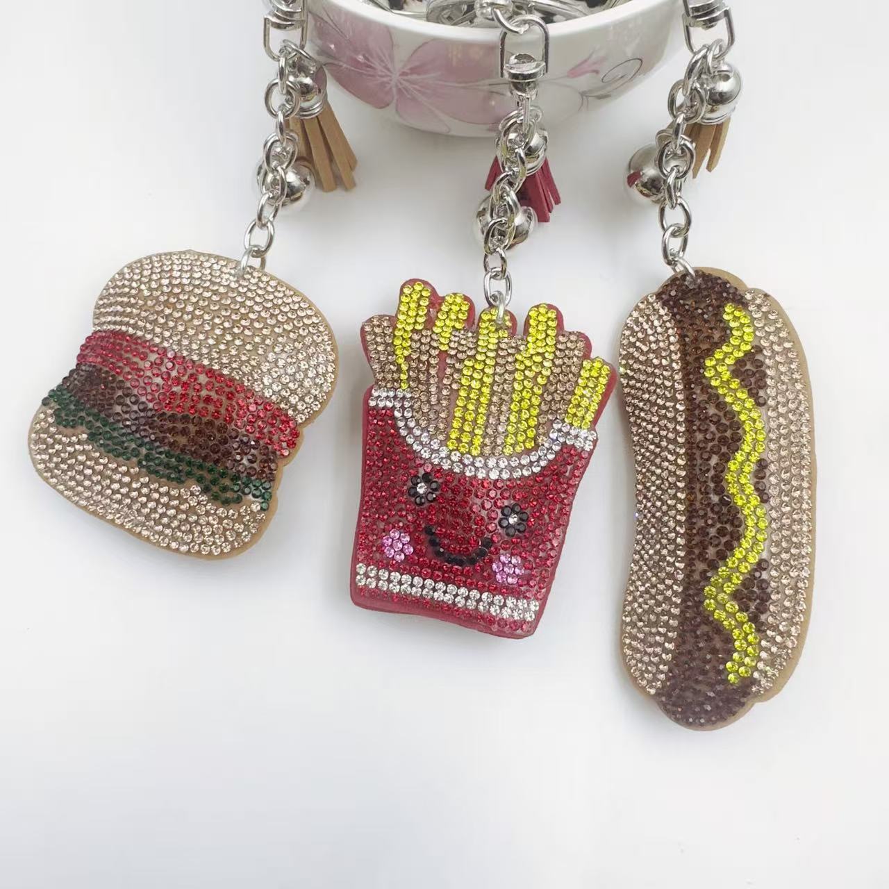 Wholesale Veet Diamond Cartoon Keychain Diamond Hamburger Hot Dog Keychain Leather T