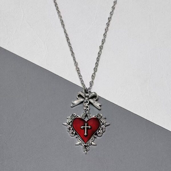 Wholesale Dark Gothic Punk Red and Black Heart Bow Cross Necklace Retro Clavicle Chain