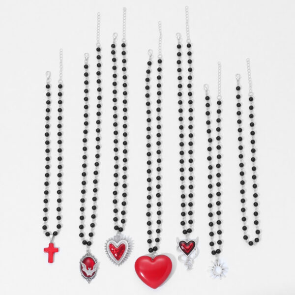 Wholesale Dark punk black bead red cross multi-element necklace