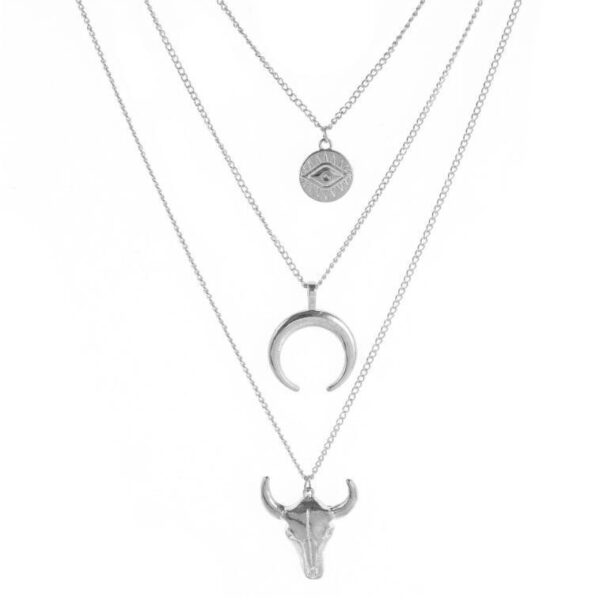 Wholesale Alloy Bull Head Geometric Disc Eyes Bull Horn Multi-Layer Necklace