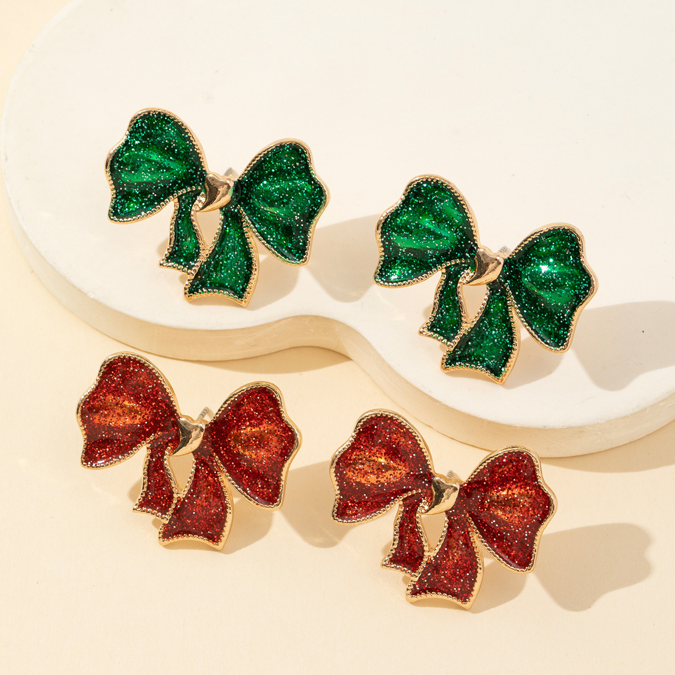 Wholesale Valentine's Day Christmas Bow Oil-ip Earrings Red Green Onion Pink Delicate Earrings