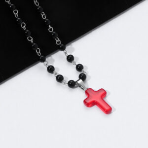 Black pearl red cross-black bead necklace