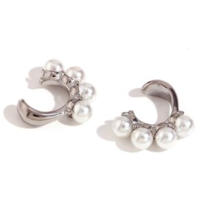 Four pearls j-shaped ear clips-steel color