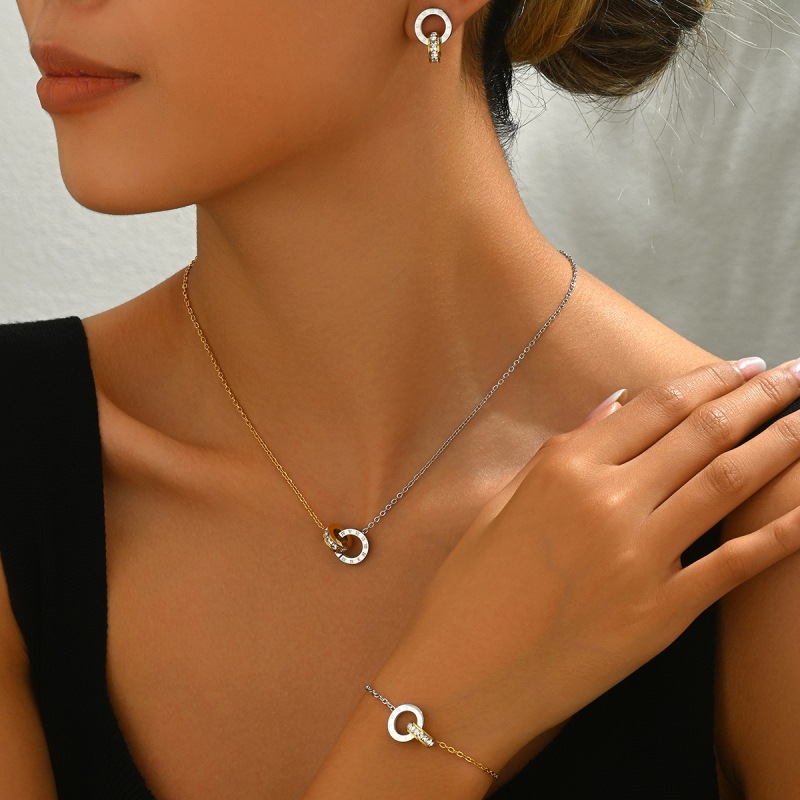 Wholesale Stainless steel gold and sier two tone circular single row rhinestone necklace bracelet and earrings