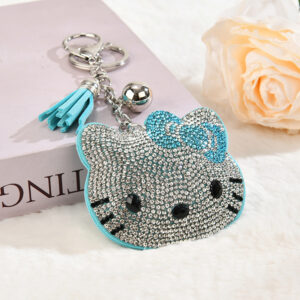 Sky blue / Key chain + hot diamond cat + bead tassel
