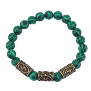 Green tiger eye beads + 3 bronze runes / Rune pattern random