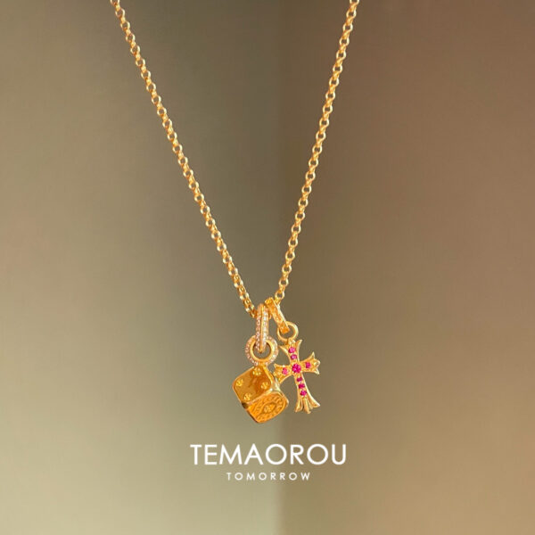 Wholesale The Style Is Super Cool! Vintage Cross Solid Dice Pendant Necklace with a Light Luxury Design Sweater Chain Accessory