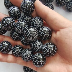 Wholesale 5pcs 20mm Acrylic Halloween Black Spider Web Print Beads