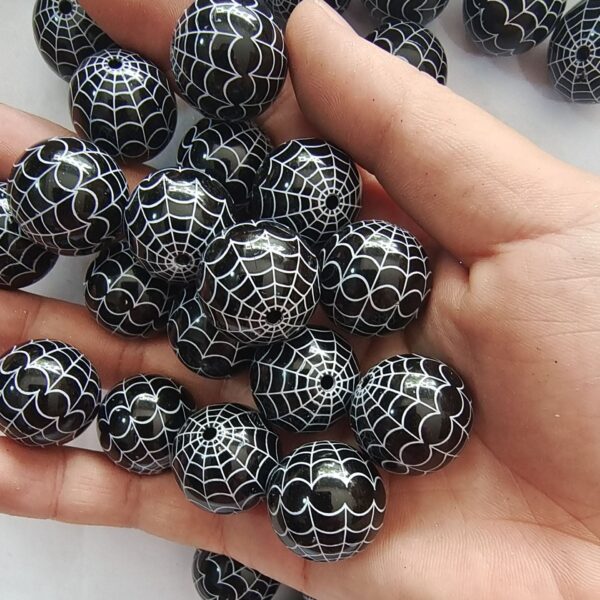 Wholesale 5pcs 20mm Acrylic Halloween Black Spider Web Print Beads