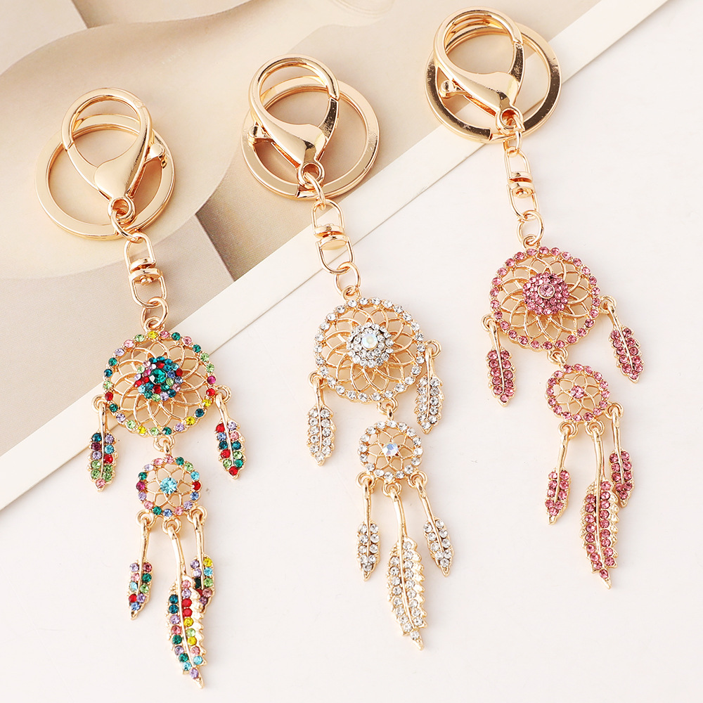Wholesale Rose gold rhinestone tassel feather eamcatcher design keychain