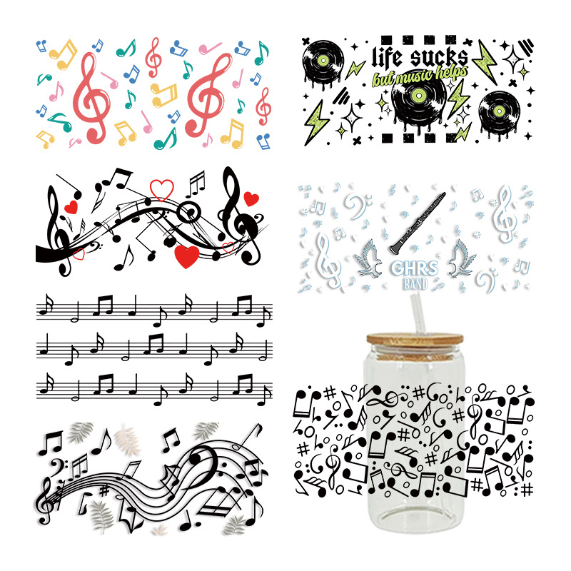 Wholesale Colorful Cartoon Music 16oz C UV DTF Wraps