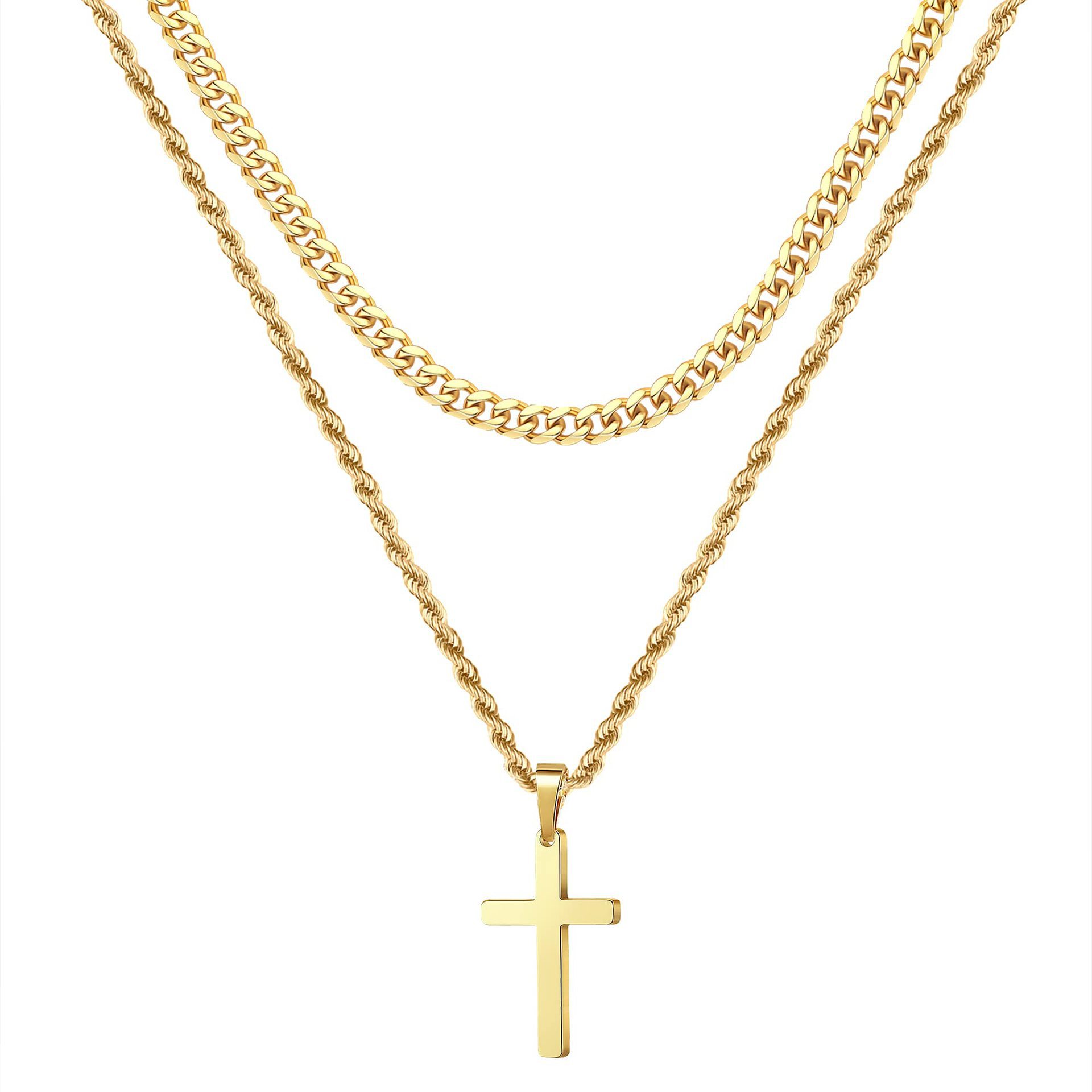 Wholesale Golden cross double layered titanium steel necklace