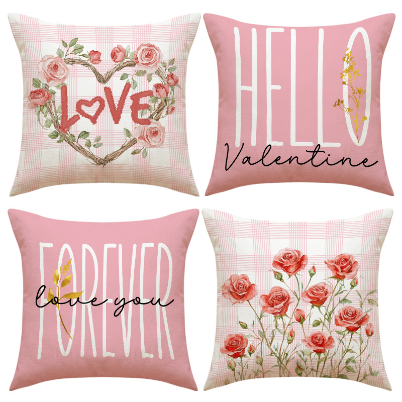 Wholesale Pink With Printed Design Versatile Linen Material Valentine's Day Pillow Cover