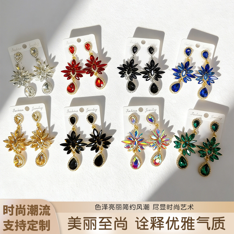 Wholesale Glass Flower Crystal Tearop Full Diamond Earrings