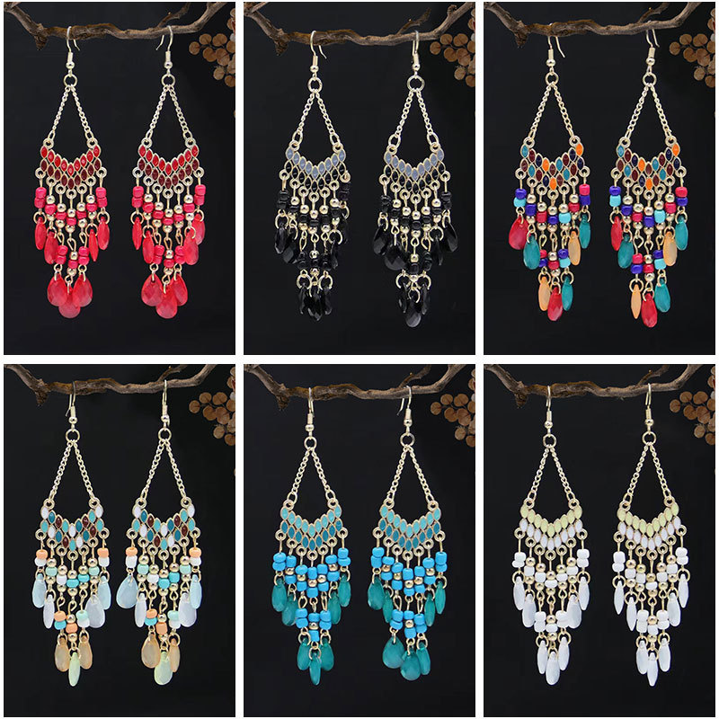 Wholesale Long bead water oplet fringe Bohemian style earrings
