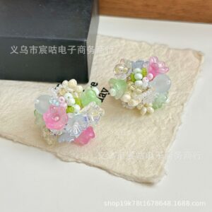 Wholesale Pink and Green Fresh Flower Cluster Clay Through-Hole Beads DIY