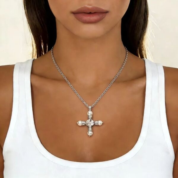 Wholesale Maillard style cross pearl tassel long necklace