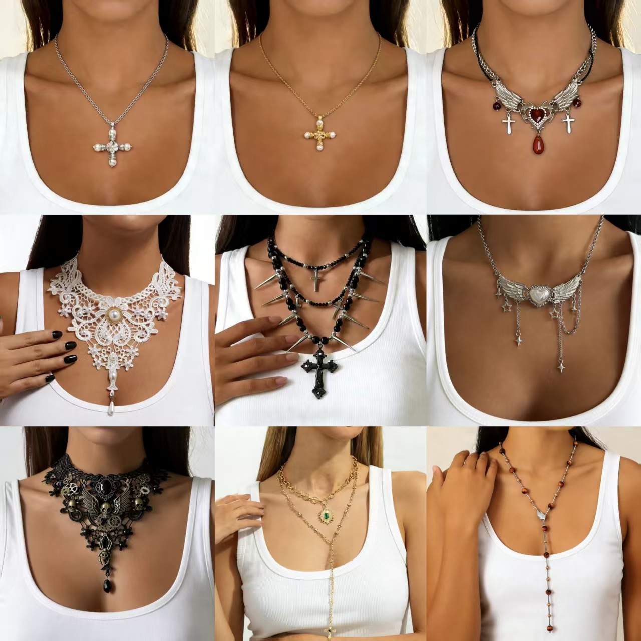 Wholesale Tassel Skeleton Heart Wings Punk Style Necklace