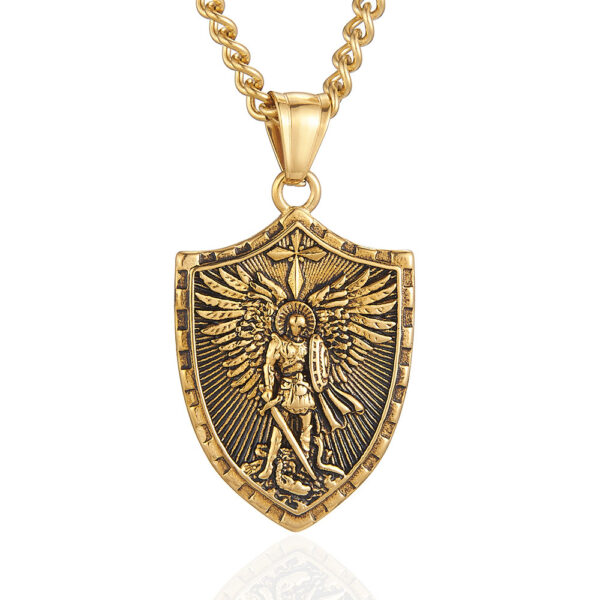 Wholesale Golden Stainless Steel Sword-Wielding Warrior Angel Shield Men's Necklace