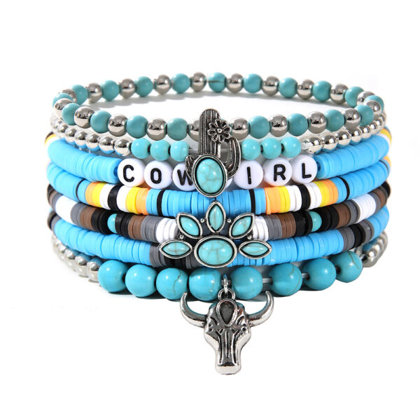 Wholesale Bullhead Cactus Bohemian Multi Layer Turquoise Elastic Bracelet Set